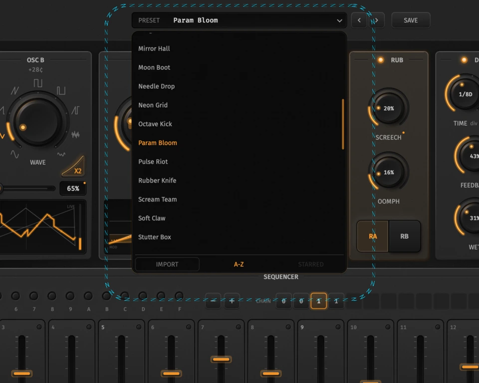 Preset menu open